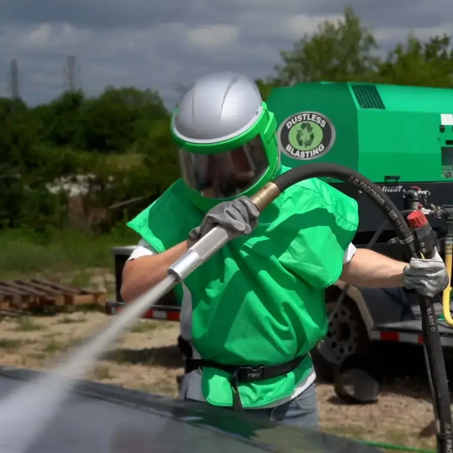 Worker with mobile dustless blasting unit.