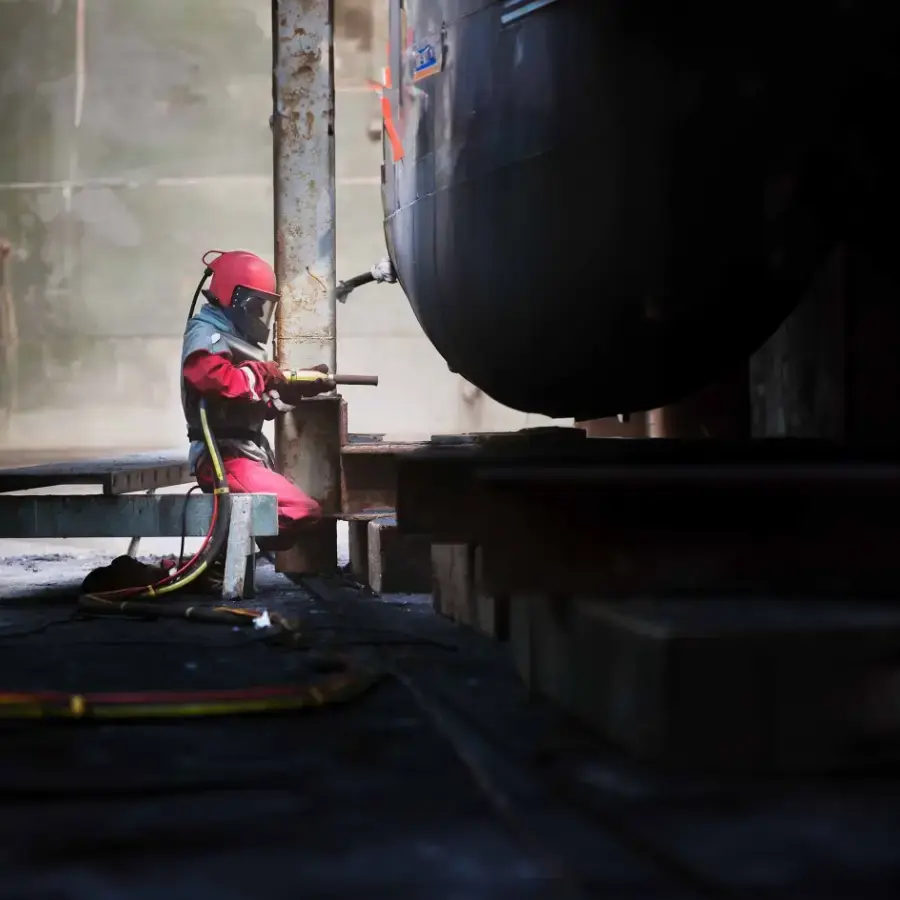 A worker dustless blasting a rusty boat hull.